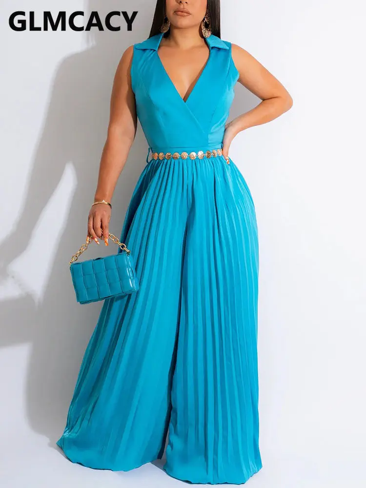 

Women Sleeveless V Neck Pleated Jumpsuit Elegant Palazoo Pants Overalls