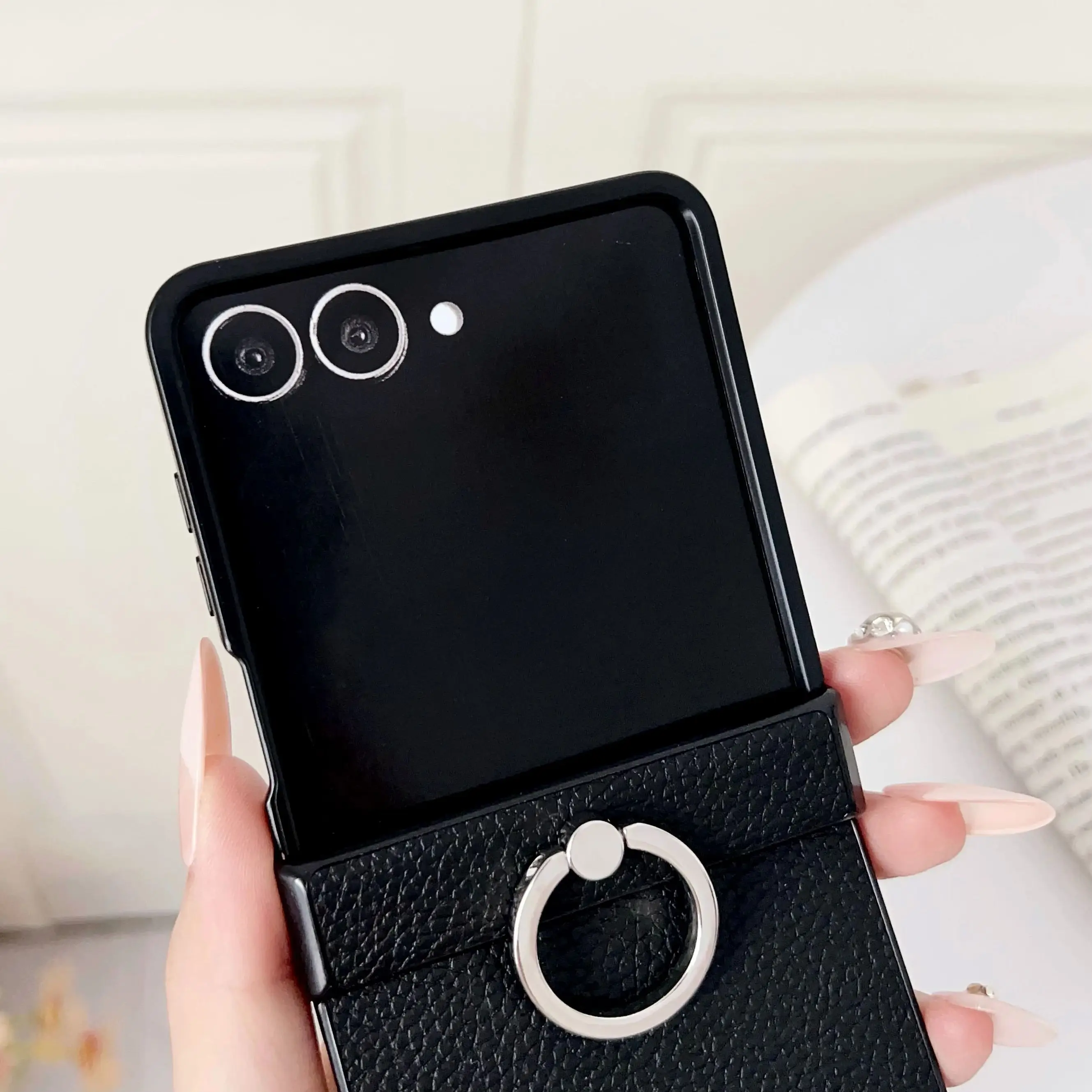 Litchi Texture Leather Foldable Phone Case with Ring Holder - Shockproof Protective Back Cover
