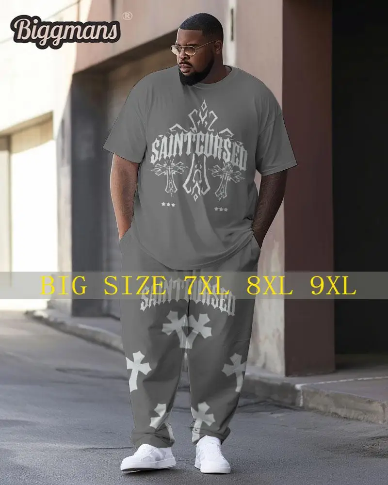 Biggmans Two Piece Sets T-Shirt for Men's Casual Clothing Simple Color Block Print Trousers Pants Big Plus Size Suit L-9Xl