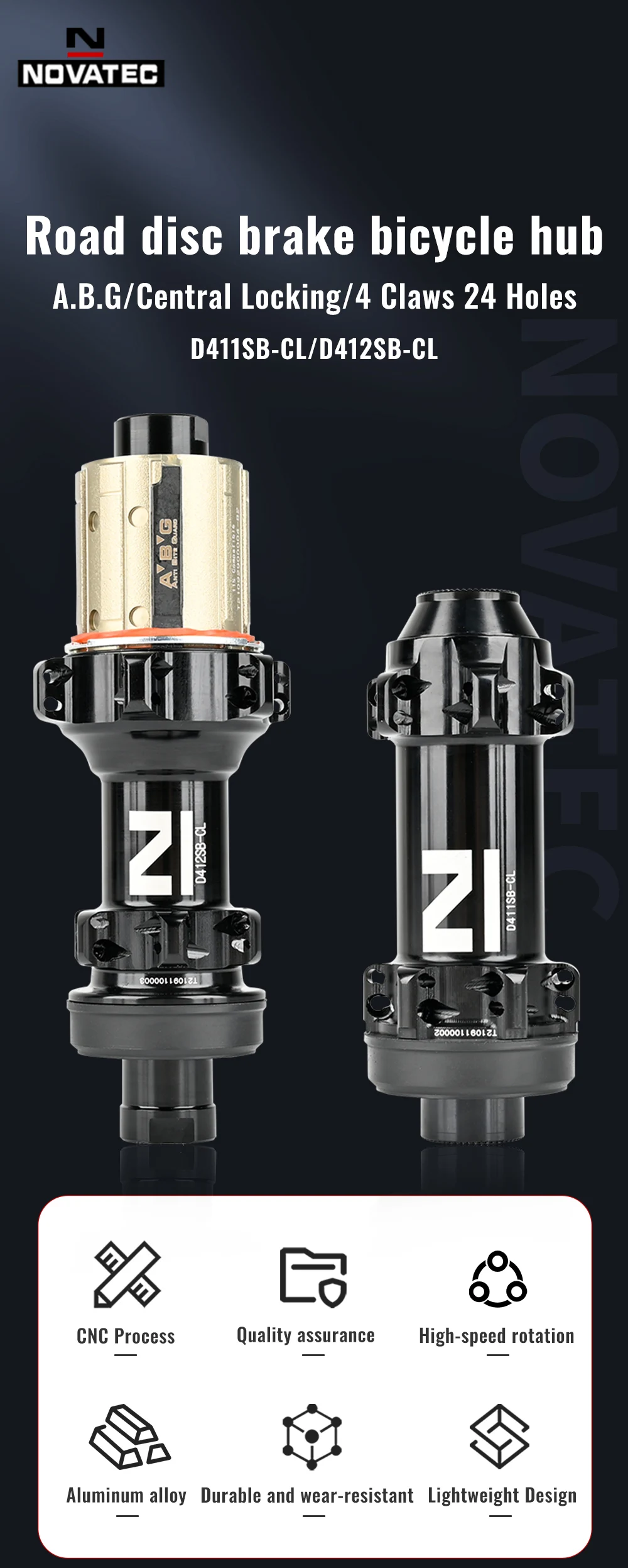 Description Picture 2 of itemRoad Bicycle Hubs 24 holes Center Lock Novatec D411SB-CL D412SB-CL Disc Brake  411/412 Thru Alex 100x12 142x12MM A.B.G Freehub