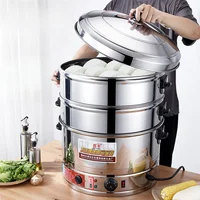 220V Electric Steamer Stainless Steel 35/40/47/52cm Big Capacity Commercial Steamer Pot 3/4 Layers Electric Food Steamer Timing 1