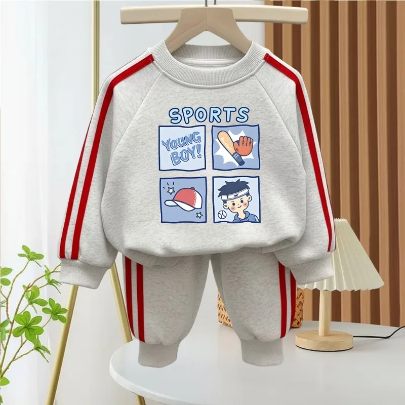 2026 Spring Boys Side Stripe Long Pant Sets Kids Casual Sweatshirts Sets Children O Neck Hoodies Trousers Two Piece Tracksuits