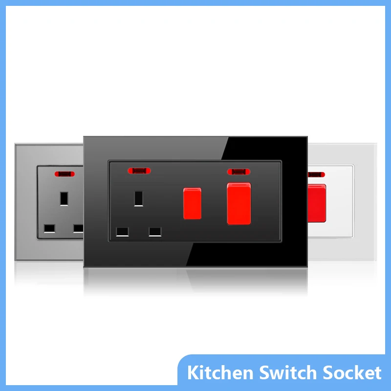 High Power Kitchen Interruptor Elétrico Soquete Fonte de Alimentação de Parede Fogão de Vidro de Plástico Tomada de Alumínio Preto 146 uk Standard 45a