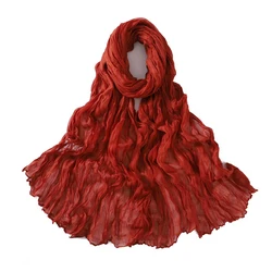Women's Lightweight Crumpled Cotton Voile Scarf - Spring Solid Color Shawl Wrap (Wine red)
