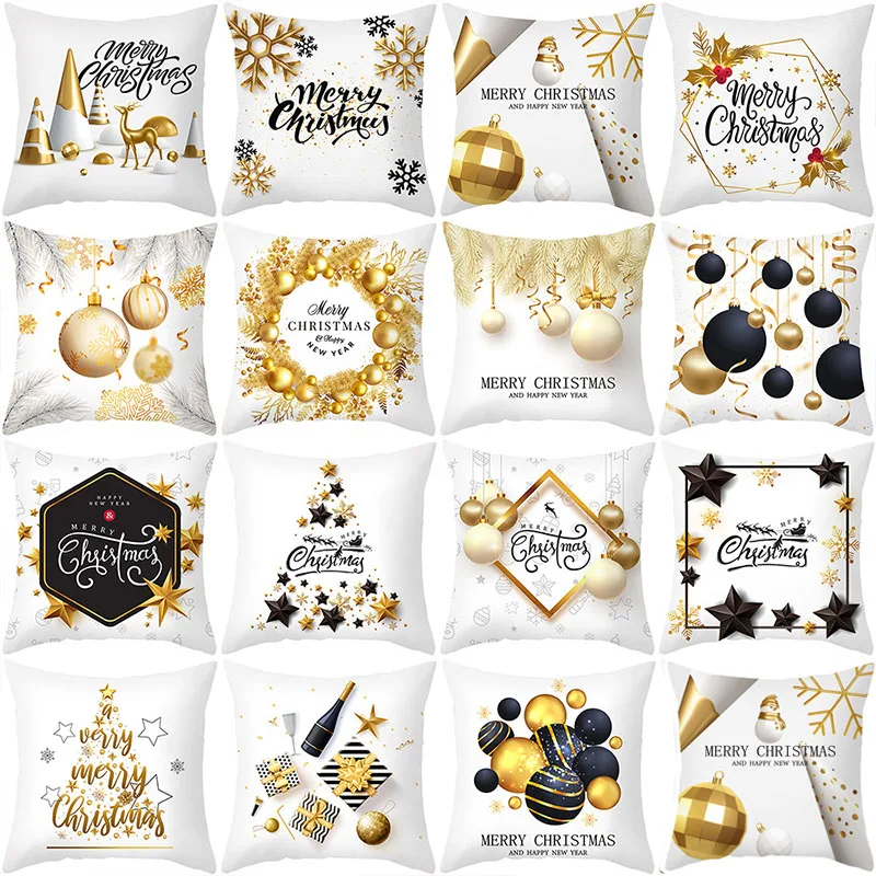 

45cm White Gold Christmas Pillowcase Living Room Sofa Cushion Cover Merry Christmas Decor Home Car Pillow Cover Happy New Year
