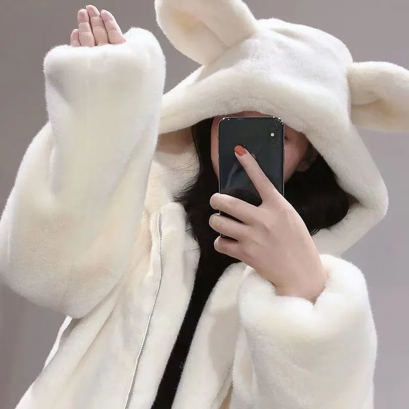 Winter New Hat Hooded Thickened Plush Medium Length Jacket Women Cute Bear Ears Loose Fit Coat Warm Comfortable Female Outerwear - Image 2