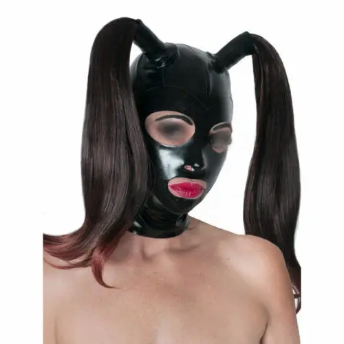 

Latex Casuit Hoods Gummi Rubber with 2 Detachable Ponytail Wigs Cutomized 0.4mm