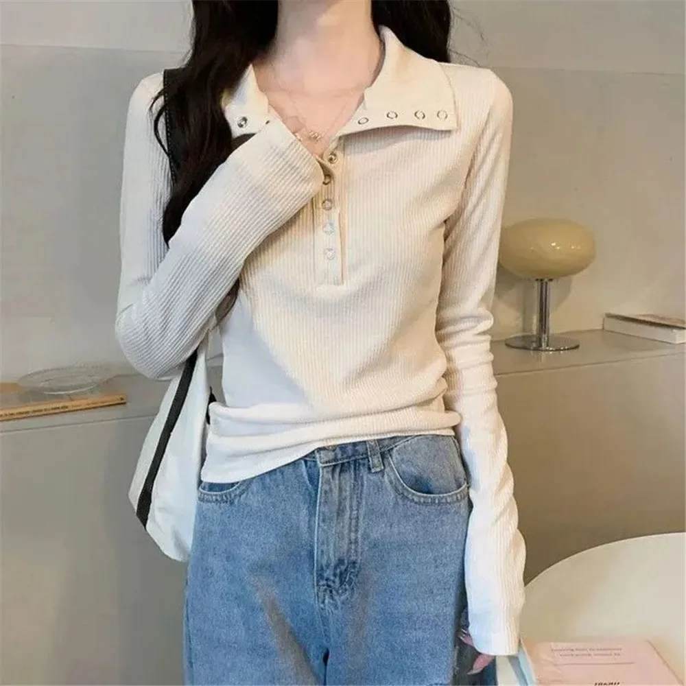 

Button Up Knitted Winter Sweater Women Y2K Long Sleeve Slim Pullovers All Match Bottoming Vintage Warm Turn-down Collar Knit Top