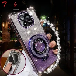 Shockproof Glitter Plating Phone Case with Crystal Bracelet and Magsafe Holder for Redmi Note 14 Pro 4G (PURPLE)
