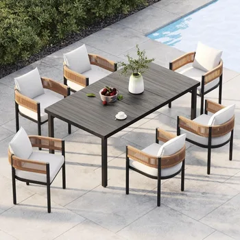 Outdoor Dining Set for 6 Persons 7 Piece Patio Table and Chairs with Thick Cushions Natural 1