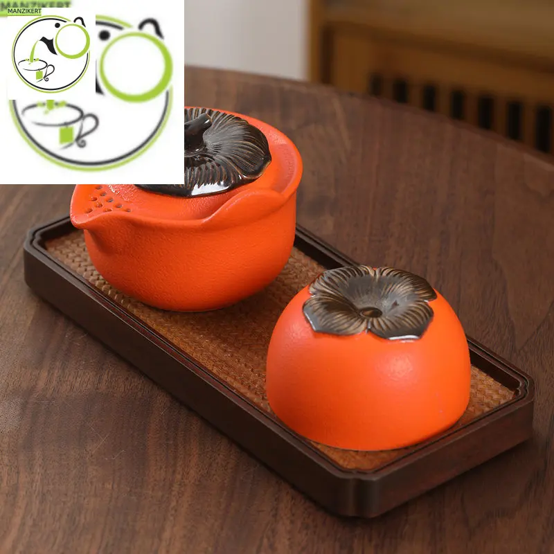 

Creative Customized Persimmon Ceramic Tea Infuser Outdoor Portable 1 Pot 1 Cup Suit Chinese Tea Set Travel Gaiwan Tea Cup Set