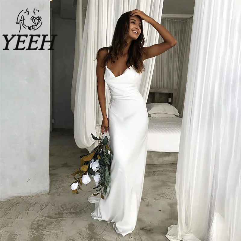 

YEEH Wedding Dresses Elegant Boho Cowl Neck Draped Bridal Gown Cut Out Back Plain Satin Sweep Train Vestido De Noiva for Bride