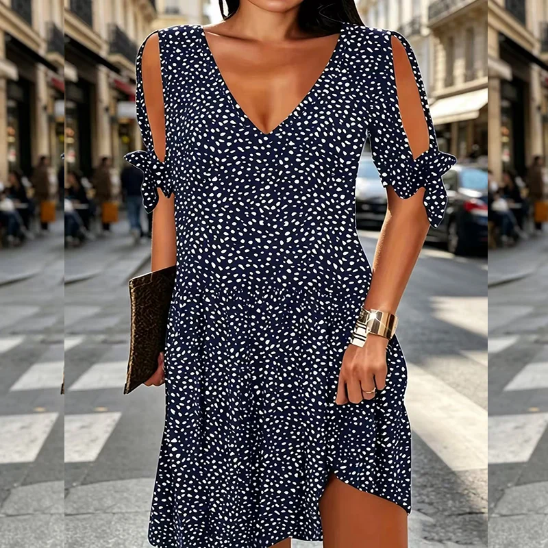 Elegantes Damenkleid mit V-Ausschnitt und Polka-Dot-Print für den Sommer, Schulterfreies Design, Geeignet für Urlaub, Musikfestivals und Alltägliche Freizeitkleidung