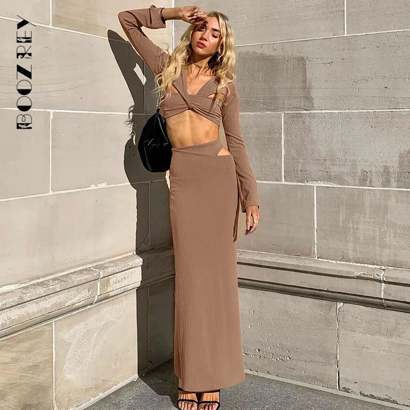 

BoozRey Elegant Sexy Outfits 2 Piece Set Hollow Out Maxi Dress Women Brown Long Sleeve Party Clubwear Female Summer Slim Dress