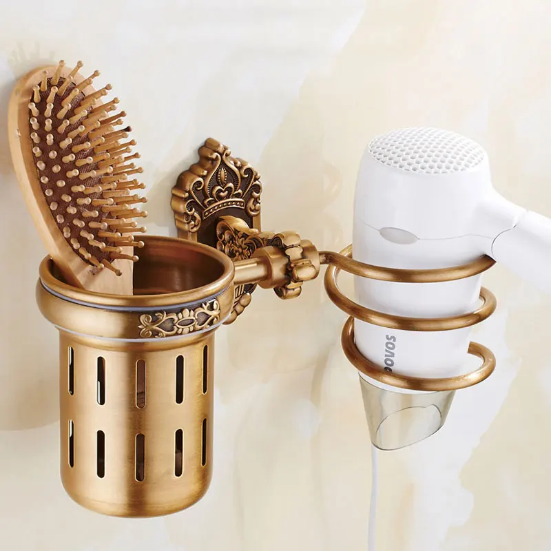 

Hair Dryer Holder Aluminum Antique Bathroom Shelf Storage Nail Free Wall Shelf Mounted Organizer Spiral Stand Toothbrush Holder