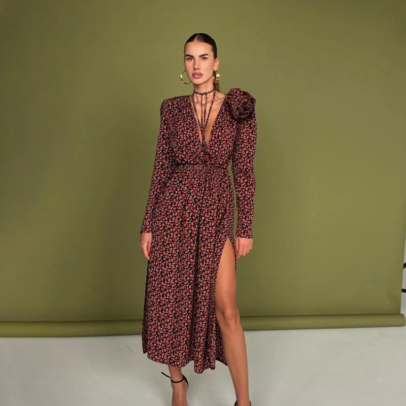 

Women's Clothing2024Early Spring New Floral Dress Sexy DeepVCollar Lace-up Waist Side Slit DressWlj