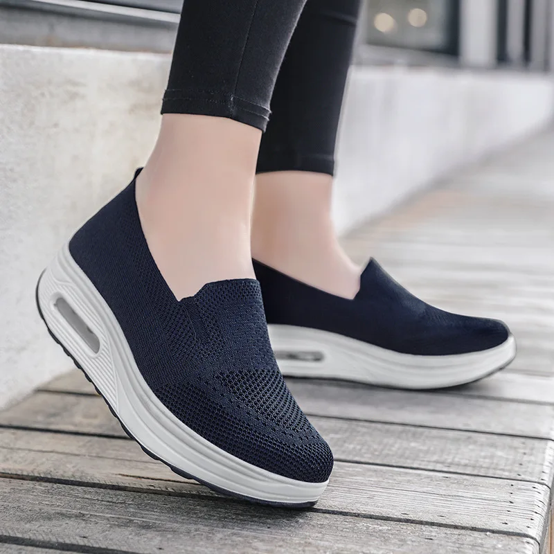Spring Autumn Women's Thick Sole Elevated Sports Casual Shoes Flying Weaving Mesh Air Cushioned Walking Shoes