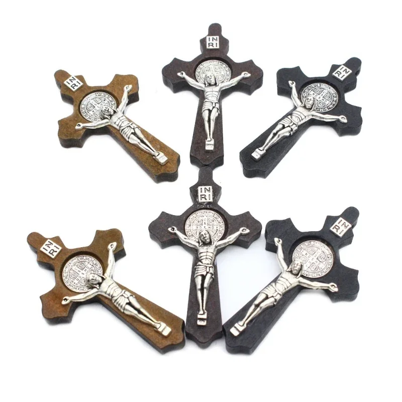 3pcs Religious Wooden Antique Black Brown Cross Rosary Pendant Jesus Saint Benedict Beaded Necklace for Men Women Jewelry handheld wooden cross wooden cross pectoral cross necklace christ pendant