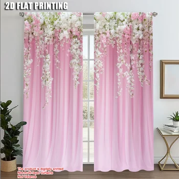 2 pezzi, tende creative stampa 2D fiori rosa e bianchi lussureggianti con fogliame verde Poliestere resistente (senza asta) Ideale per le vacanze 1