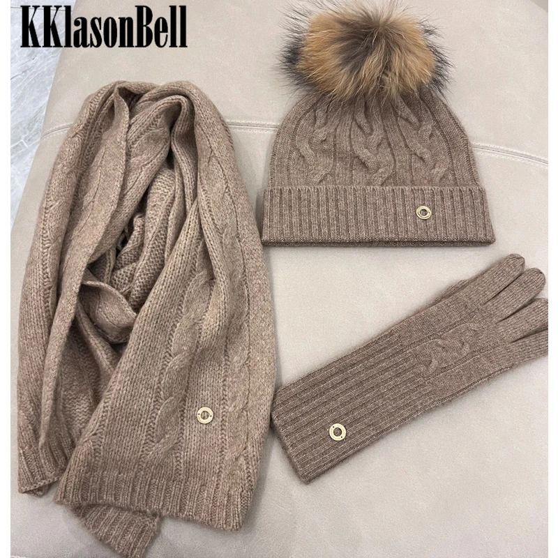 

12.20 KKlasonBell Keep Warm Scarf, Hat & Glove Sets Fox Fur Beanies Twist Knitted Cashmere Gloves Women