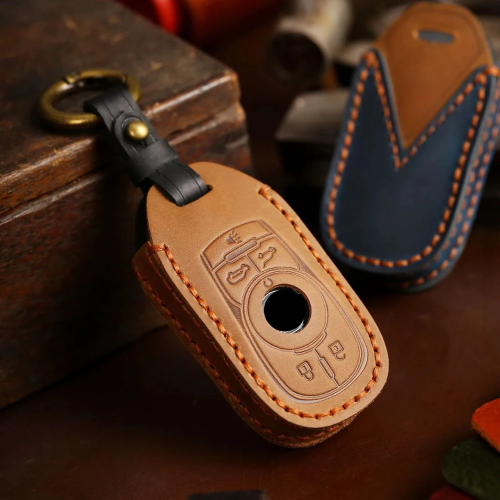 Luxury Leather Key Fob Cover: Anti-Scratch, Shockproof Protection with Metal Ring