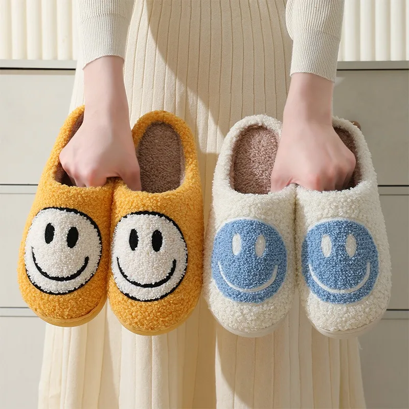 Fashion Couple Winter Toe Wrap Warm Smile Print Slippers Thick Soft Sole Slides Men Women Indoor Floor Flat Home Non-slip Shoes