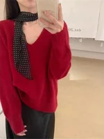 Ele Blue V-Ne Bear Fur Oversized Comfortable Knitted Sweater Women's Autumn Winter Loose Fit Casual Long Sve Top