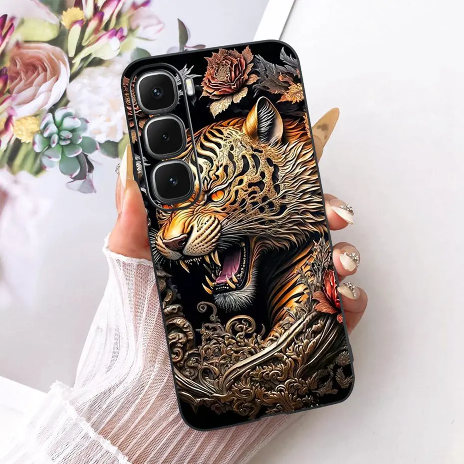 Enhanced Black Silicone Soft Phone Case with Cool Dragon, Wolf, and Tiger Design