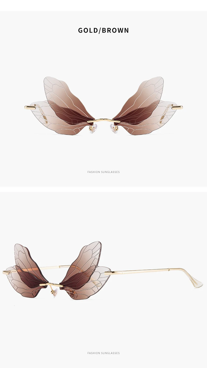 New Fashion Dragonfly Gradient Sunglasses Women Men Brand Design Rimless Wave Eyewear Luxury Trending Narrow Sun Glasses 1pc