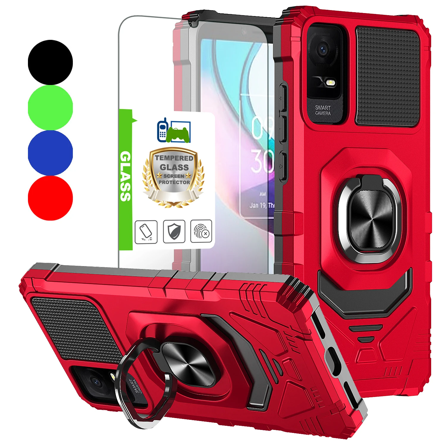 

For TCL ION X / TCL ION V Magnetic Ring Holder Stand Hyrbid Shockproof Armor Case KickStand Rugged Phone Cover+Tempered Glass