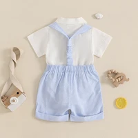 Tenue d'été pour bébé garçon, chemise à manches courtes, col à revers, barboteuse + Short à bretelles à rayures + nœud papillon pour nouveau-né 3
