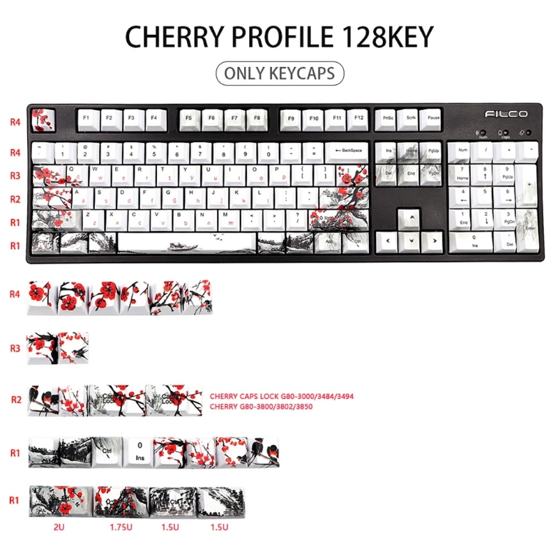 Mechanical Keyboard 128 Keys Cherry DYE-Sub Botanical Plum Blossom Theme PBT Keycap