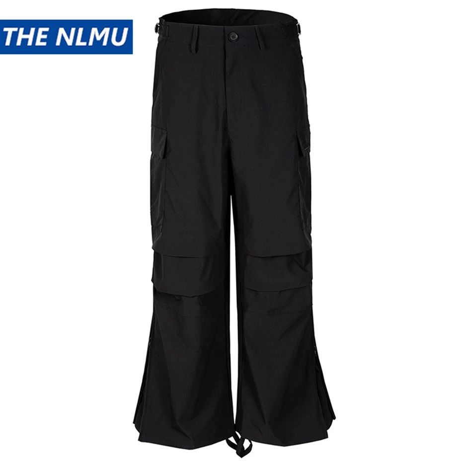 

Streetwear Baggy Cargo Pants Men Black Zipper Flared Pants Knee Pleated Loose Techwear Pants Trousers
