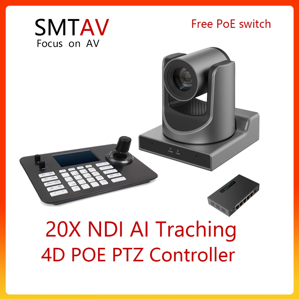 Free Shipping SMTAV POE AI TRACKING NDI 20X Optical Zoom + 16X Digital Zoom For Church Business With PTZ Controller