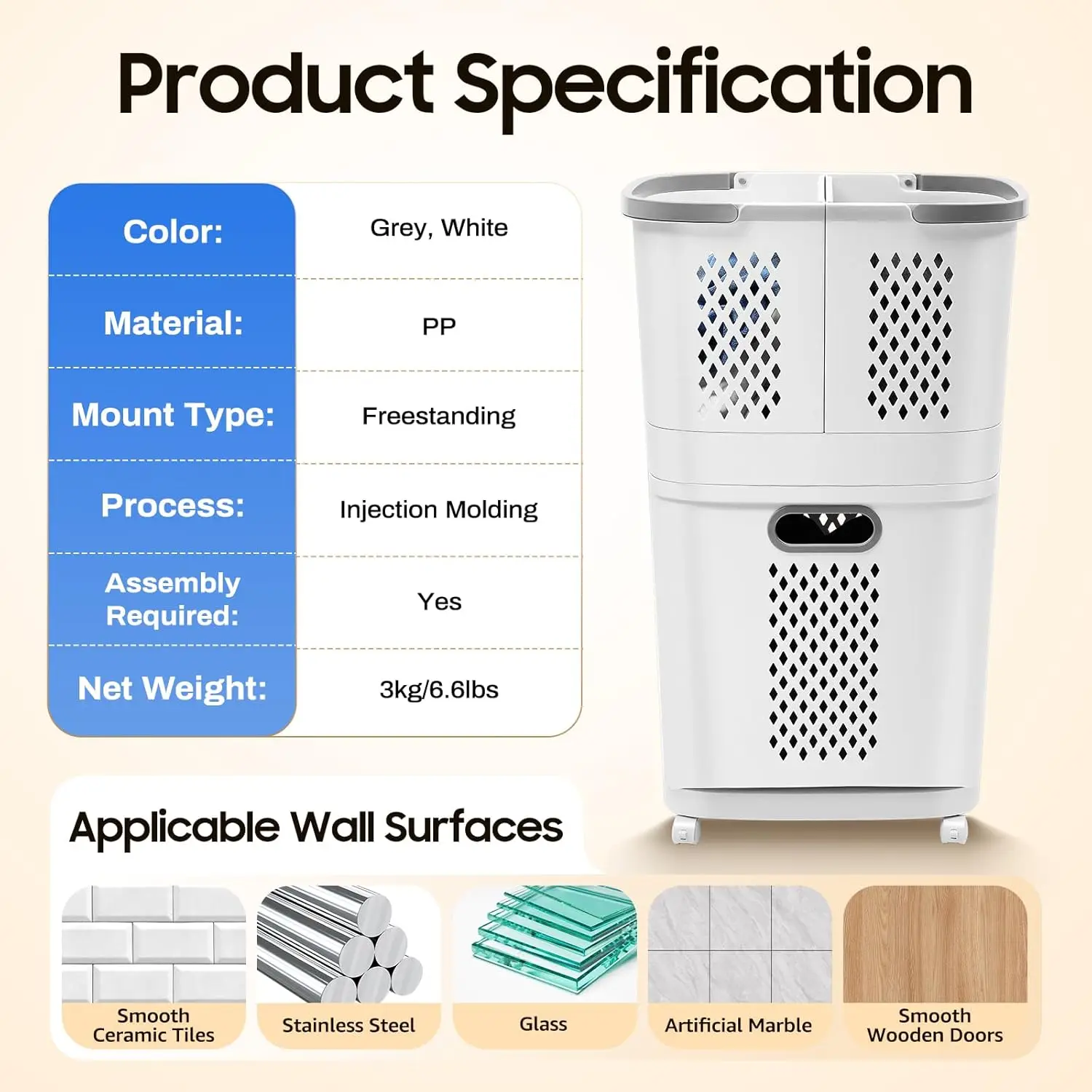 Laundry Basket Storage Clothes Hamper with Removable Wheels 3 Tier Laundry Tool Floor-Standing Large Hand-Held Clothes Basket