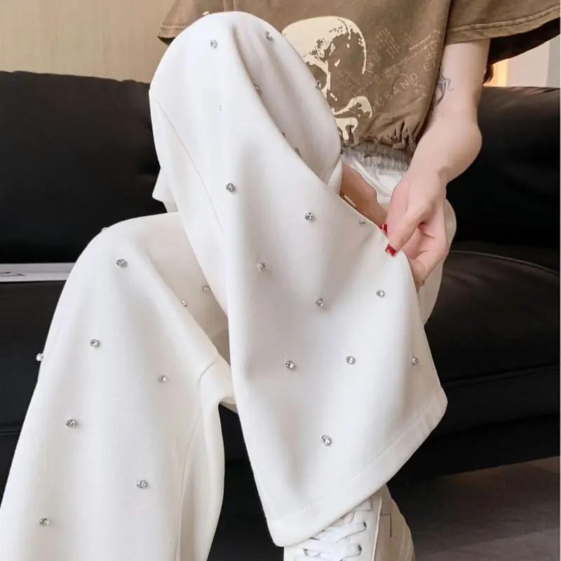 Diamond inlaid casual wide leg pants for women's high-end high waisted loose straight leg sports pants  trousers