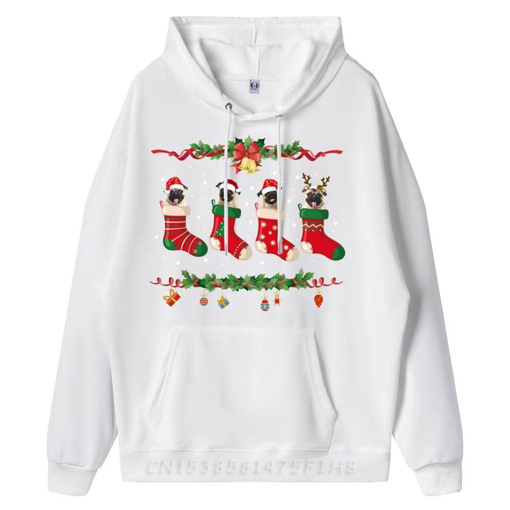 Pug Christmas Shirt Stocking Dog Cool Christmas Round Collar women's Sweatshirt Vintage Coats Cute long Sleeve Hoodies Pug Christmas Shirt Stocking Dog Xmas Sweater white