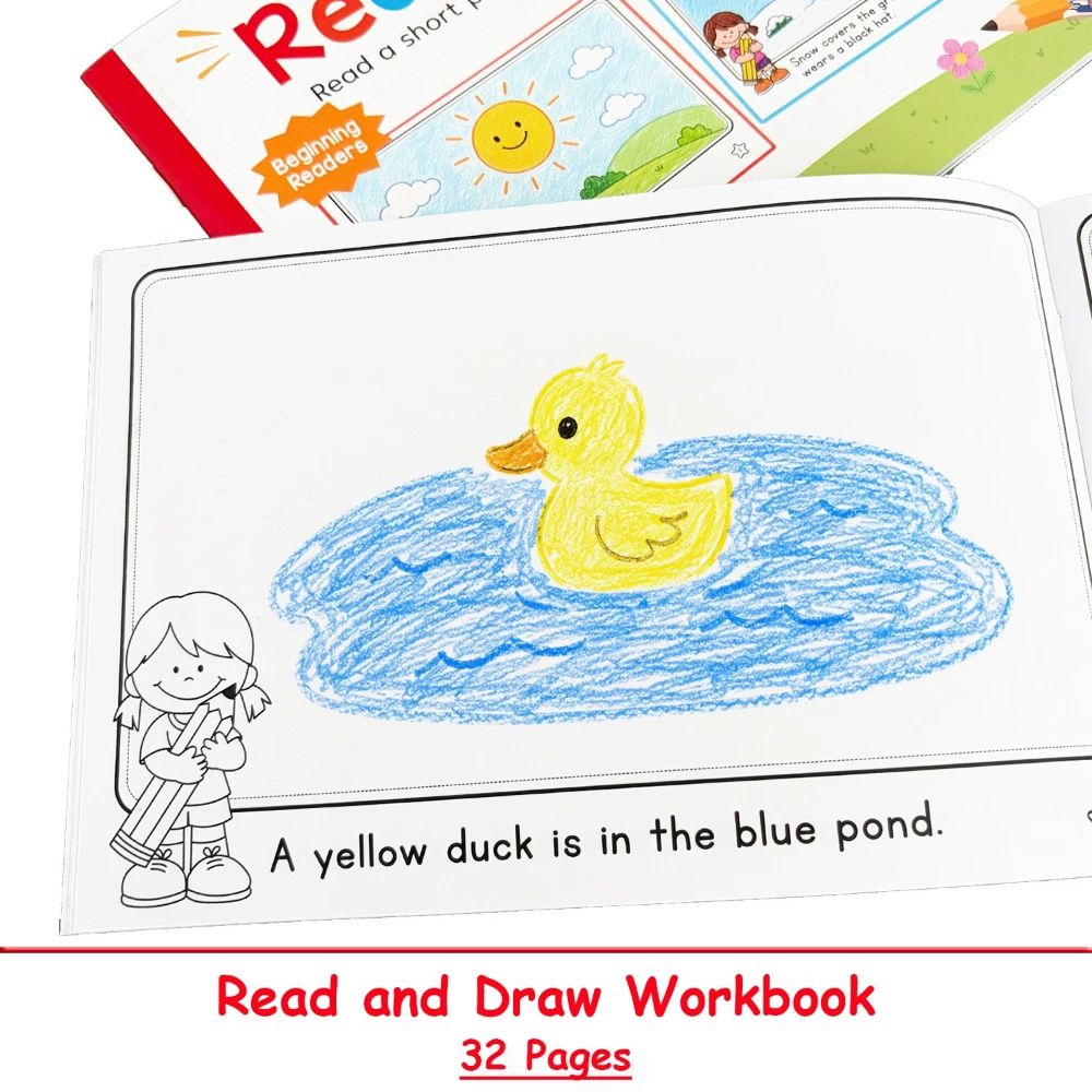 Quaderno di Lettura e Disegno da 32 Pagine per Bambini, Esercizi di Struttura e Sequenziazione di Frasi Corte, Libro Interattivo da Colorare