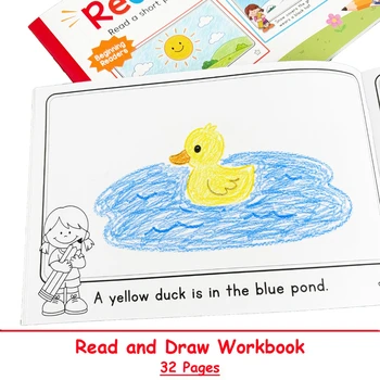 Quaderno di Lettura e Disegno da 32 Pagine per Bambini, Esercizi di Struttura e Sequenziazione di Frasi Corte, Libro Interattivo da Colorare