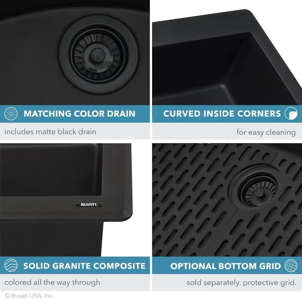 33 x 22 inch Drop-in Topmount Granite Composite Single Bowl Kitchen Sink Slope Bottom - Midnight Black - RVG1033BK 6