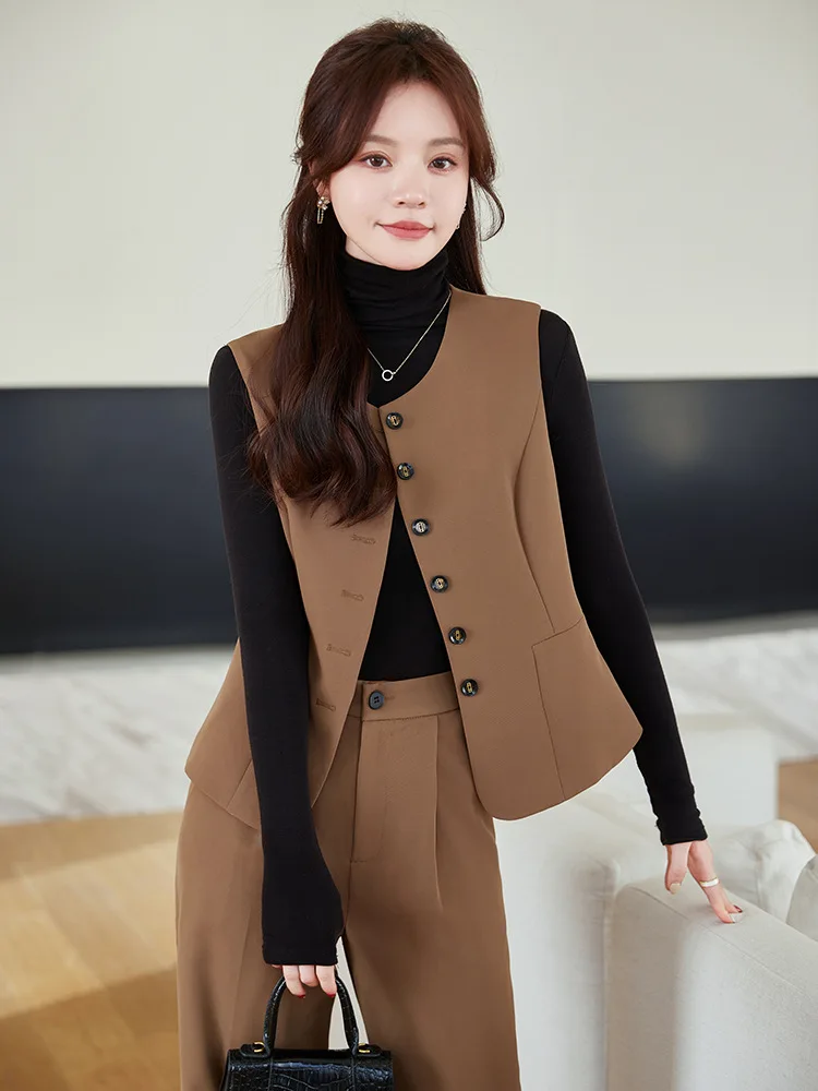 

Brown Vest Coat Women2024Spring New High Sense Elegance Sleeveless Suit Casual Vest Suit