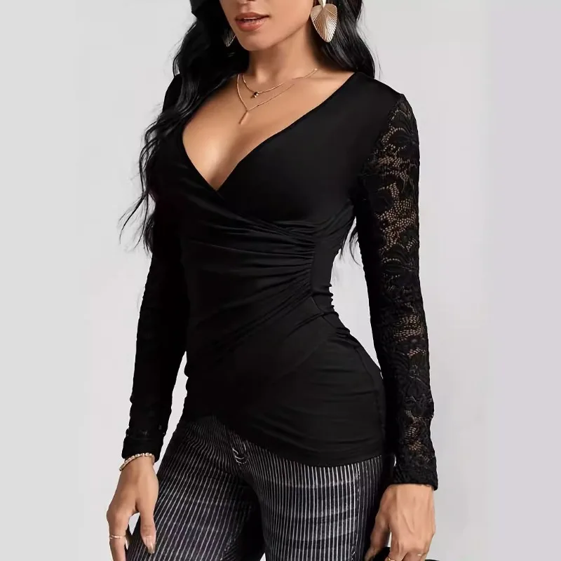 Elegant Lace Splicing Long-sleeved Women's Shirt Spring and Autumn Fashion New V-neck Pullover Casual Solid Color Slim Blouse