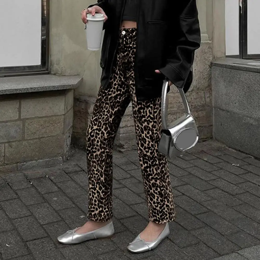 

Women Long Trousers Leopard Print Slim Fit Pencil Pants with Pockets for Women Stylish Mid-rise Button Zipper Fly for Ladies