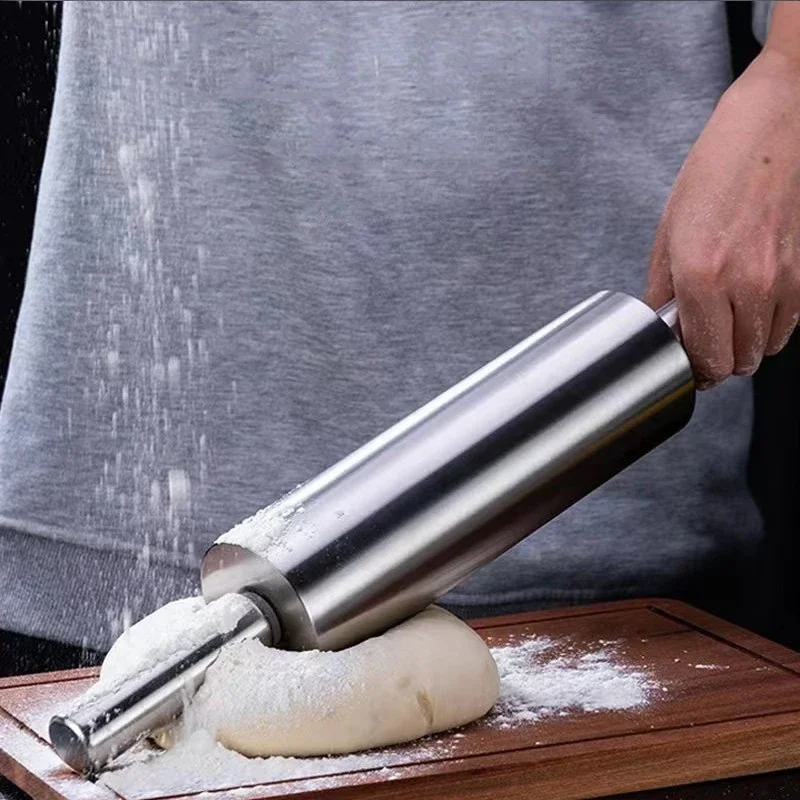 Stainless Steel Rolling Pin for Non-stick Dough Flour Stick Kitchen Cooking Baking Tools Accessories Pizza Roller With Handle