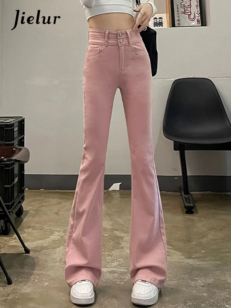 Jielur Pink High Waist Slim Sexy Jeans Fashion Solid Color Double Buttons Chic Female Flare Pants Solid Color Simple Women Jeans jielur blue plaid loose casual basic women s jeans high street straight slim double buttons chic female wide leg pants pockets