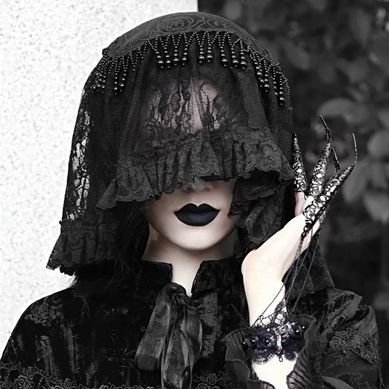 Blood Supply Original Design Classical Gothic Black Heavy Lace Covering Dark Lace Headdress with Veil Headband wedding veil black ivory white birdcage blusher veils pearls beads свадебная фата velo sposa اكسسوارات الزفاف