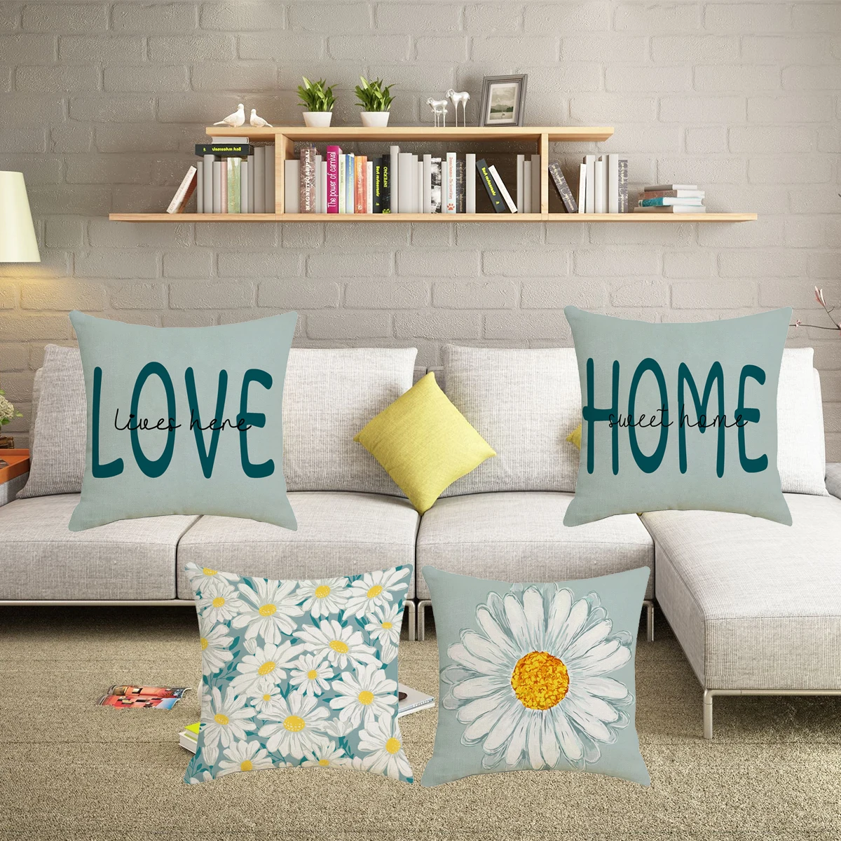 

Spring Sunflower Print Pillow Cover 45X45cm Daisy Decorative Throw Pillows Sofa Cushion Cover Blue Letters Pillowcase