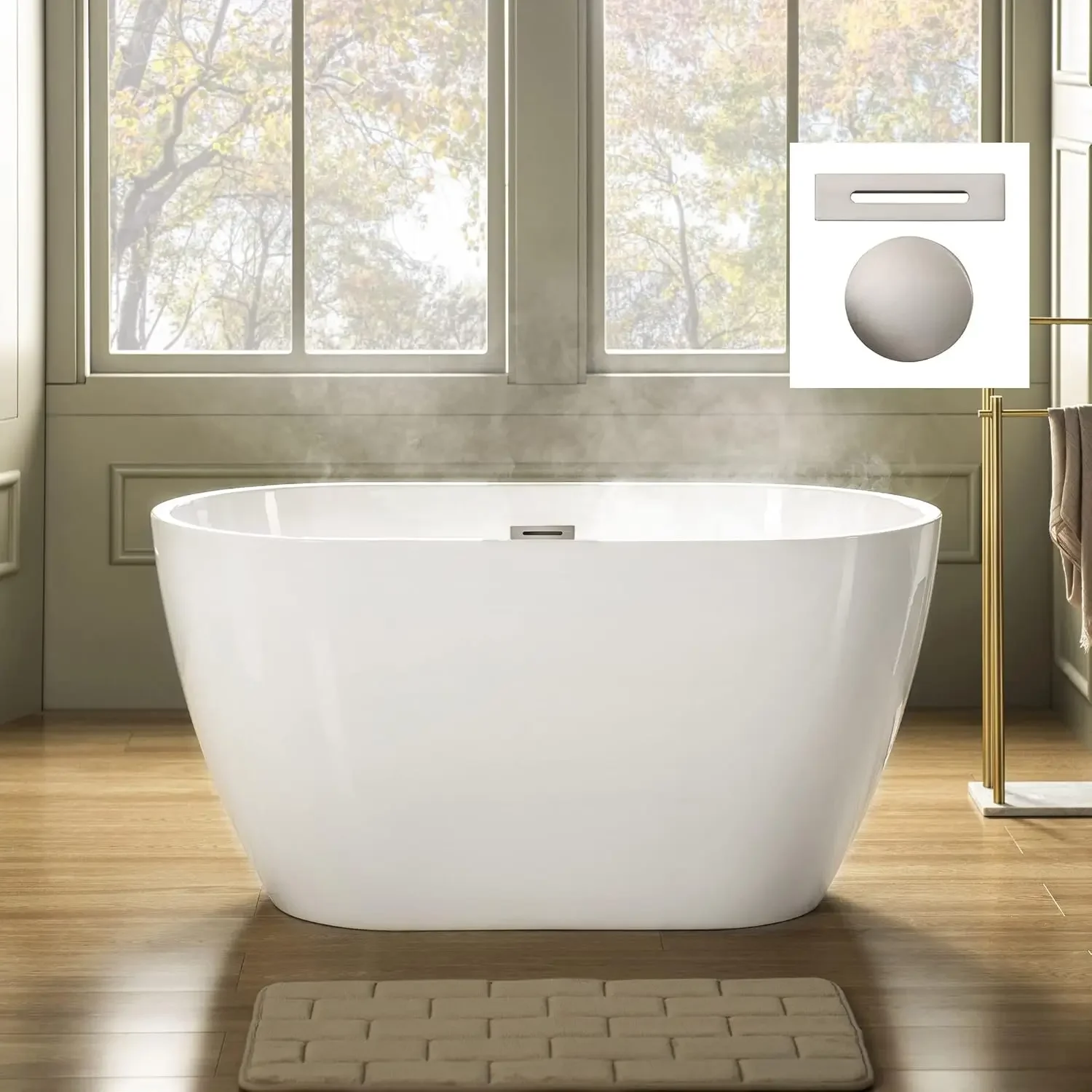 48 Inch Acrylic Freestanding Bathtub Contemporary Soaking Tub White Acrylic Brushed Nickel Drain Overflow Anti Slip Design 3