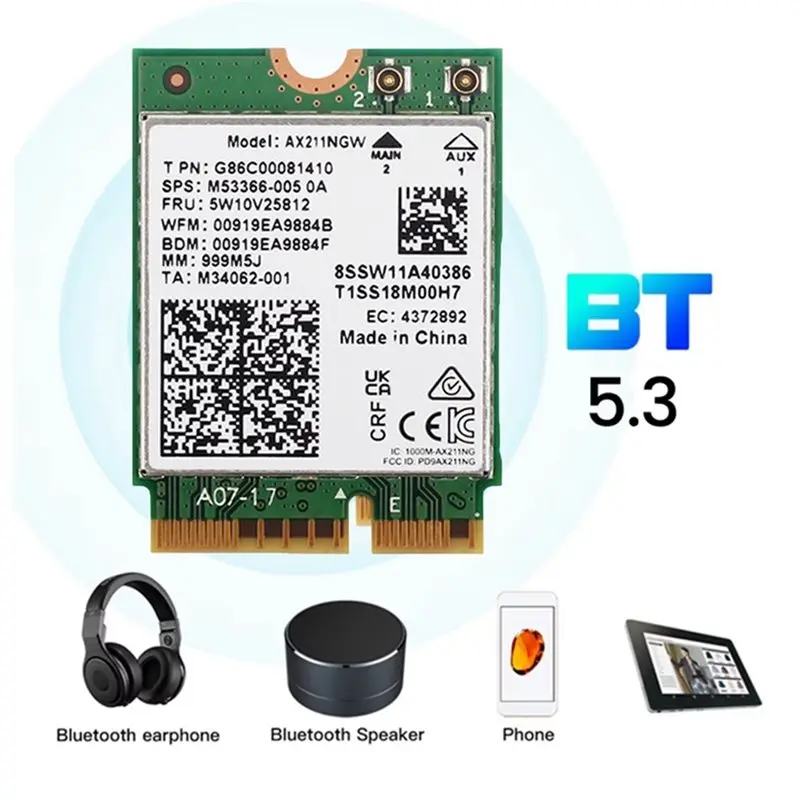 새로운AX211NGW Wifi 6E 카드 5374Mbps 트라이 밴드 2.4Ghz/5Ghz/6Ghz Wifi 카드(10DB 안테나 포함) BT5.3 무선 네트워크 카드 어댑터