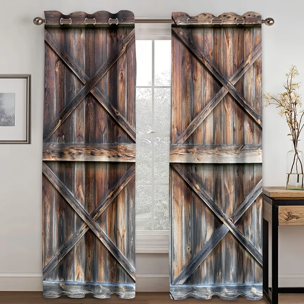 

2pcs Retro Wooden Door Curtains - Non-Fading Polyester Fiber Fabric for Industrial Style Decor & Storage Room Storage Room